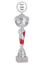 Load image into Gallery viewer, Silver &amp; Red Swirl Patterned Cup with Lid
